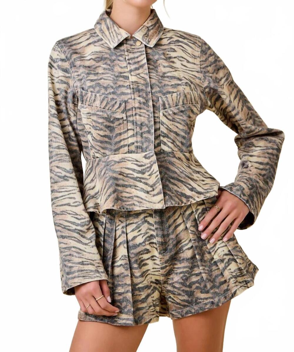 NEW DAY + MOON women's fierce tiger print peplum denim jacket in brown